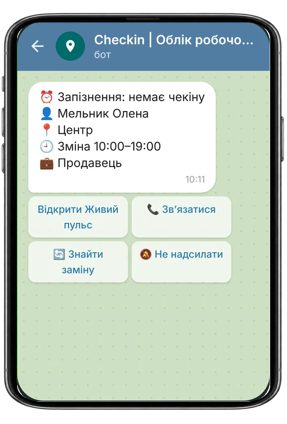Чат із ботом Checkin у Telegram: ⏰ Запізнення: немає чекіну
👤 Мельник Олена
📍 Центр
🕘 Зміна 10:00–19:00
💼 Продавець Відкрити Живий пульс, 📞 Звʼязатися, 🔄 Знайти заміну, 🔕 Не надсилати